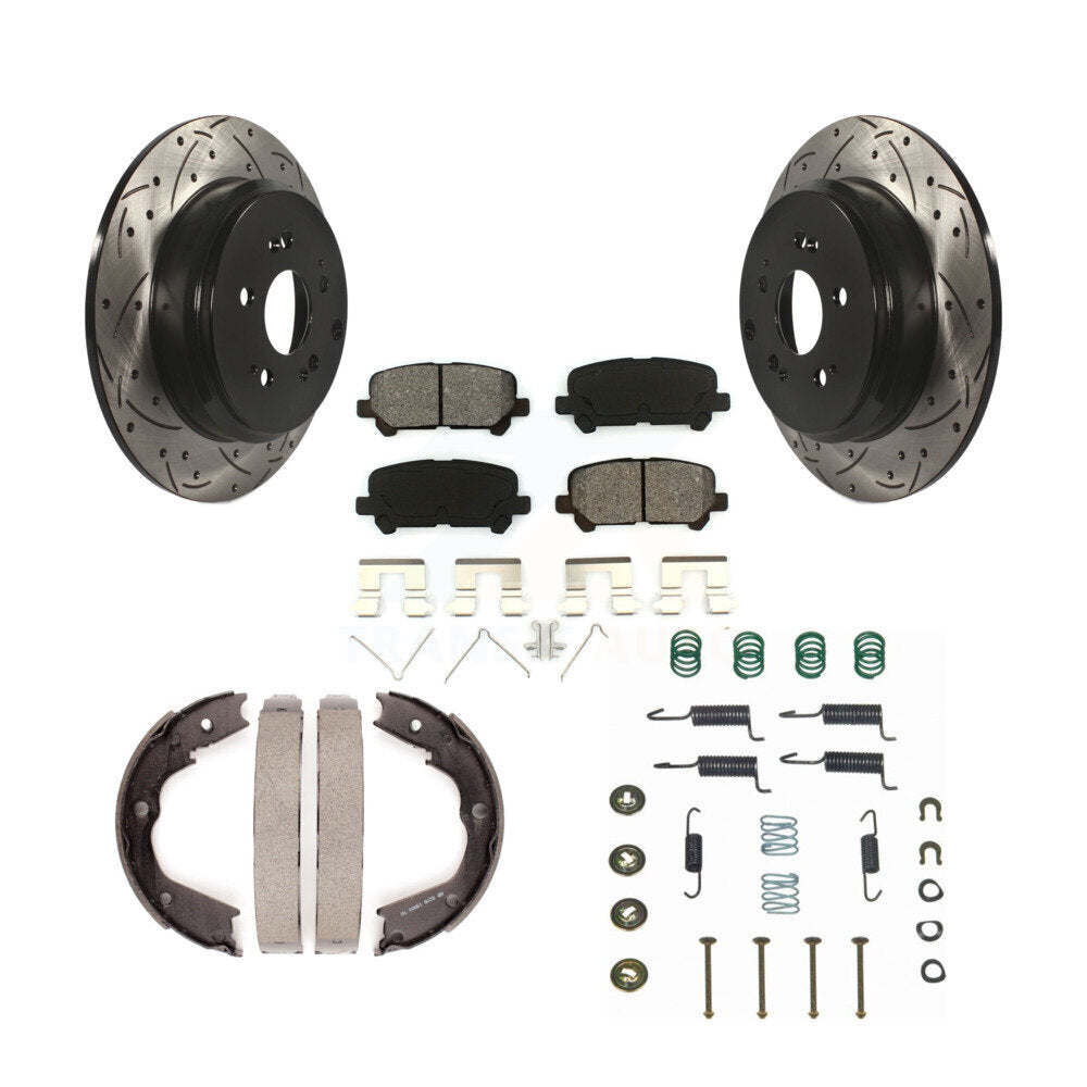 Rear Disc Drilled & Slotted Rotors Semi-Metallic Pads Parking Shoes Hardware Kit For MDX KDS-101437
