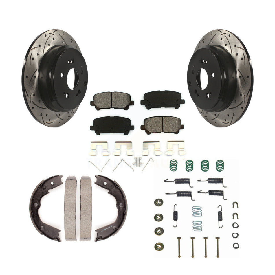 Rear Disc Drilled & Slotted Rotors Semi-Metallic Pads Parking Shoes Hardware Kit For MDX KDS-101437