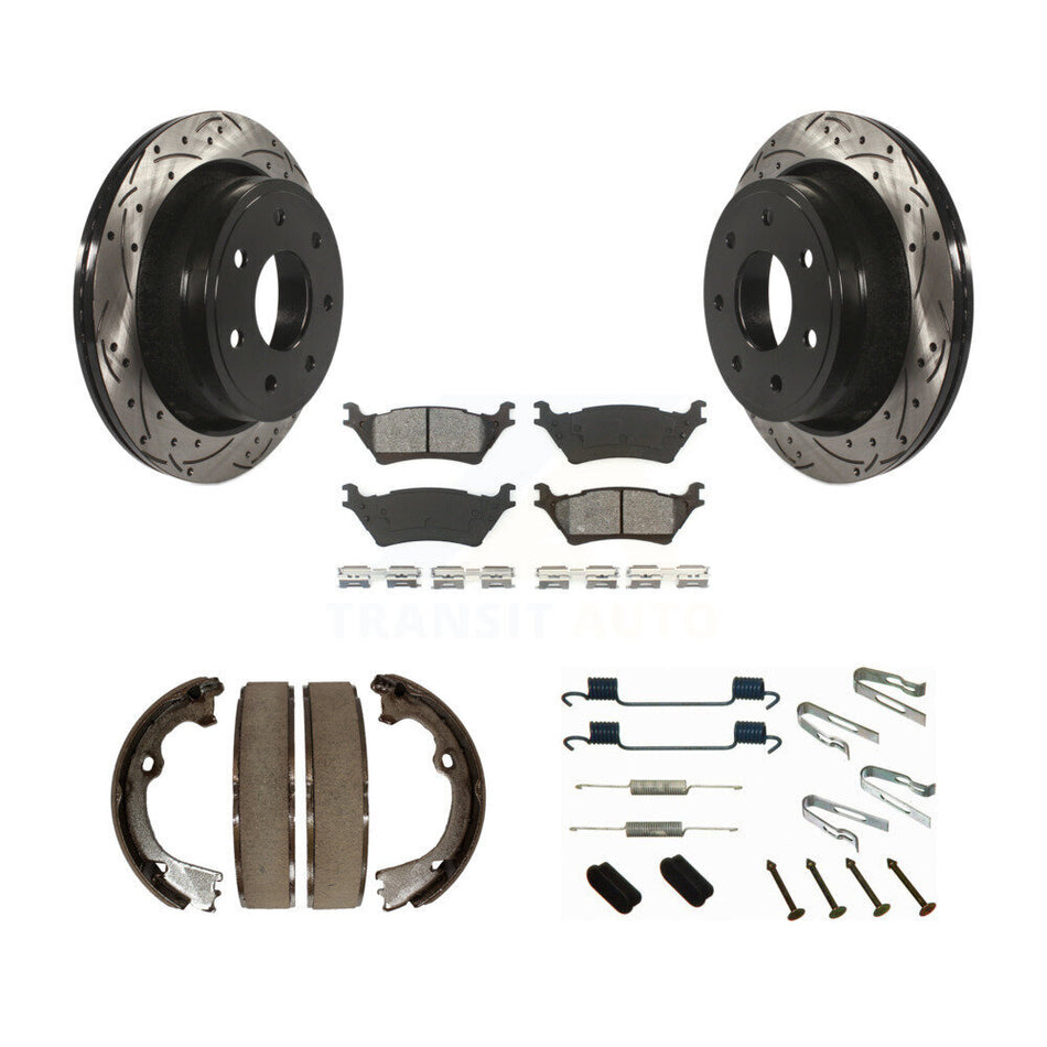 Rear Disc Drilled & Slotted Rotors Semi-Metallic Pads Parking Shoes And Hardware Kit For KDS-101439