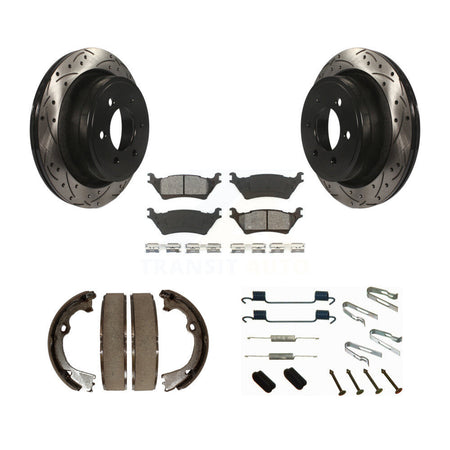 Rear Disc Drilled & Slotted Rotors Semi-Metallic Pads Parking Shoes And Hardware Kit For KDS-101440