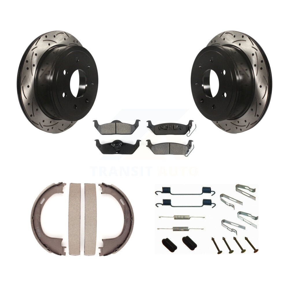Rear Disc Drilled & Slotted Rotors Semi-Metallic Pads Parking Shoes Hardware Kit For Ford KDS-101444