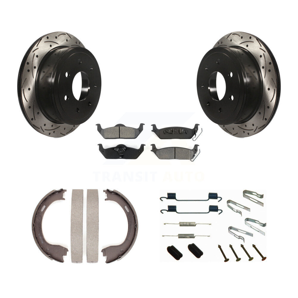 Rear Disc Drilled & Slotted Rotors Semi-Metallic Pads Parking Shoes And Hardware Kit For KDS-101446