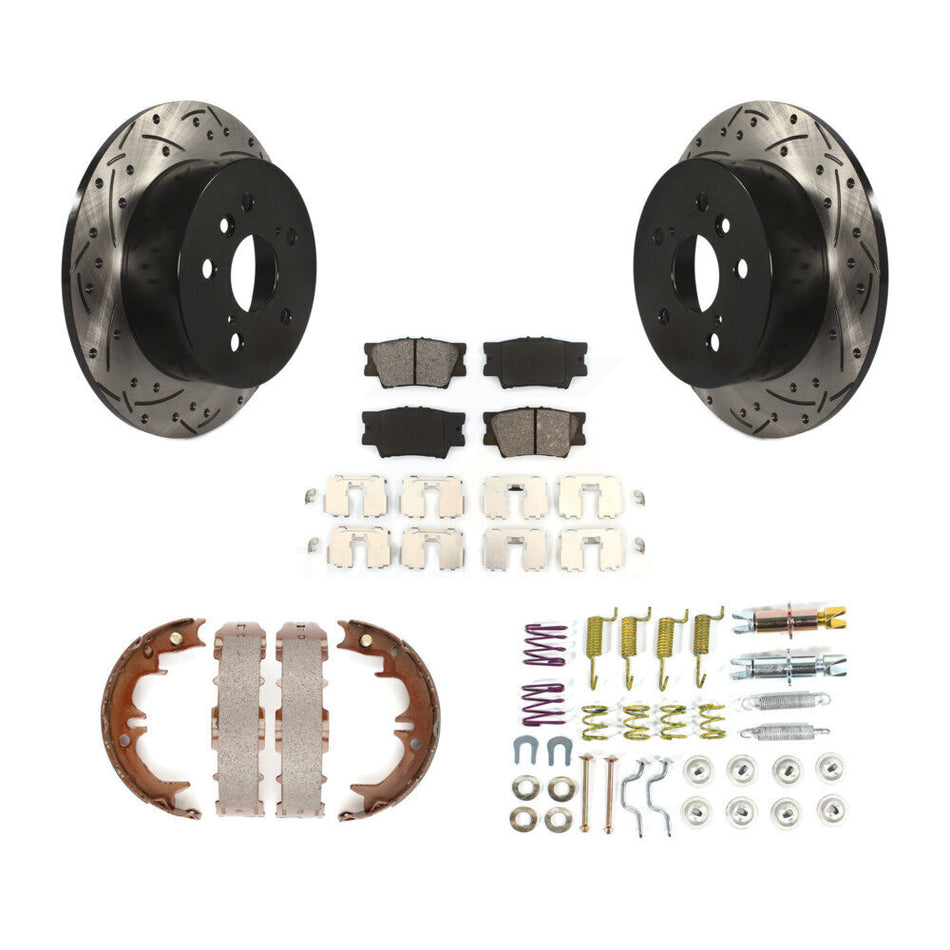 Rear Disc Drilled & Slotted Rotors Semi-Metallic Pads Parking Shoes And Hardware Kit For KDS-101447