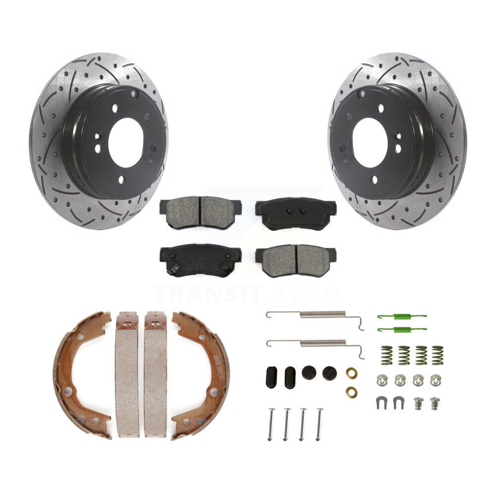 Rear Disc Drilled & Slotted Rotors Semi-Metallic Pads Parking Shoes And Hardware Kit For KDS-101448