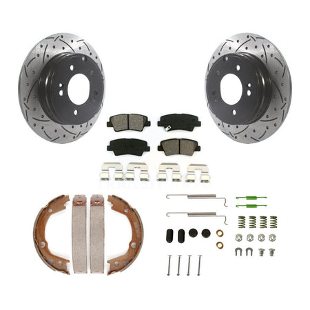 Rear Disc Drilled & Slotted Rotors Semi-Metallic Pads Parking Shoes And Hardware Kit For KDS-101449