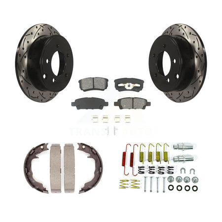 Rear Disc Drilled & Slotted Rotors Semi-Metallic Pads Parking Shoes Hardware Kit For Jeep KDS-101450