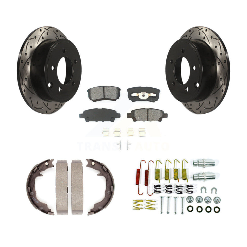 Rear Disc Drilled & Slotted Rotors Semi-Metallic Pads Parking Shoes Hardware Kit For Jeep KDS-101450