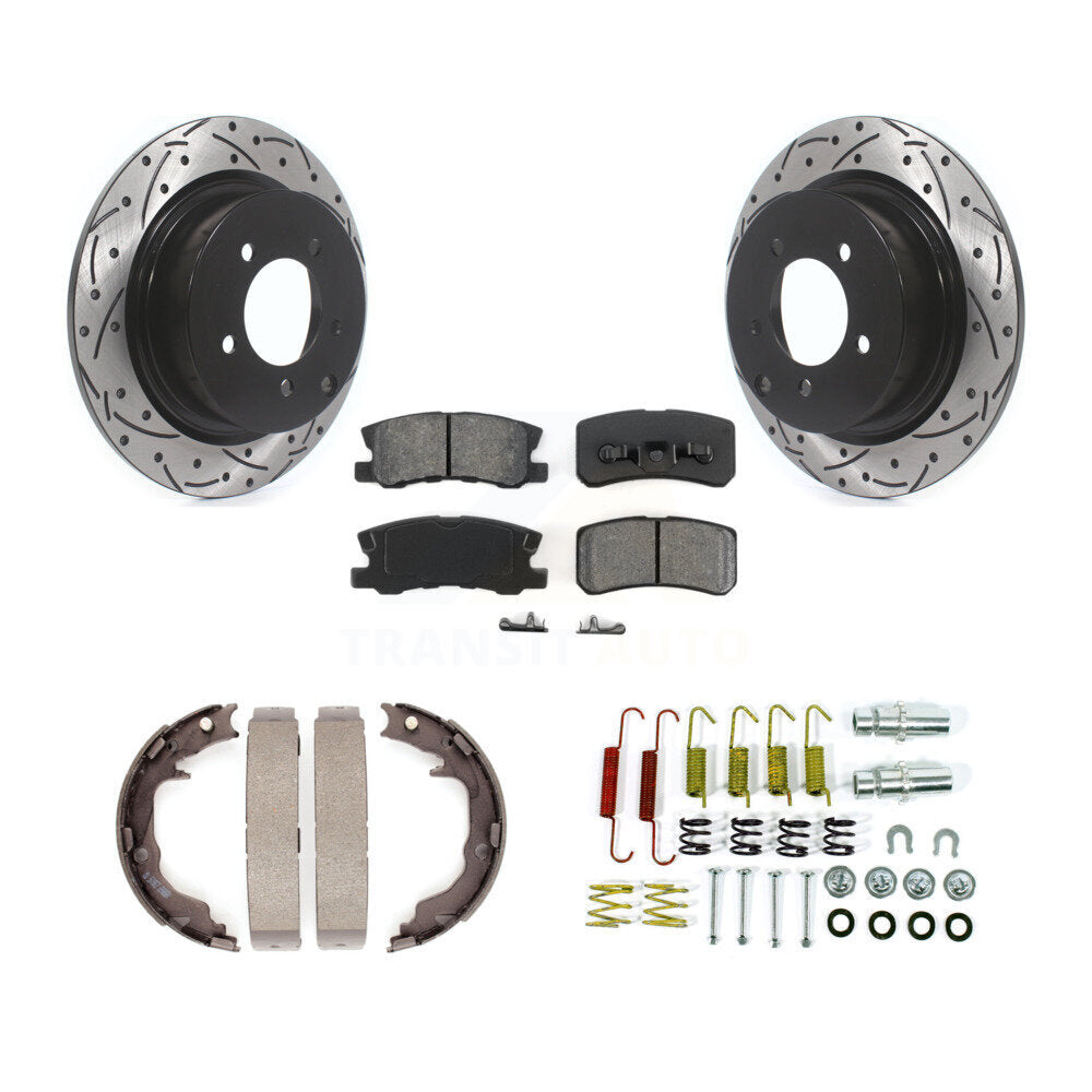 Rear Disc Drilled & Slotted Rotors Semi-Metallic Pads Parking Shoes Hardware Kit For Jeep KDS-101451