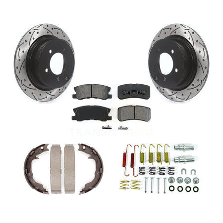 Rear Disc Drilled & Slotted Rotors Semi-Metallic Pads Parking Shoes Hardware Kit For Jeep KDS-101451