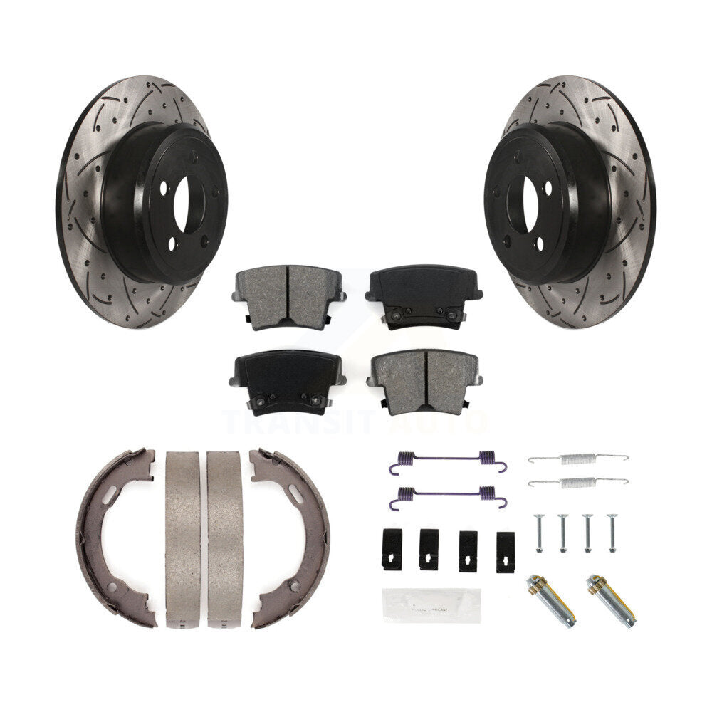 Rear Disc Drilled & Slotted Rotors Semi-Metallic Pads Parking Shoes Hardware Kit For 300 KDS-101456