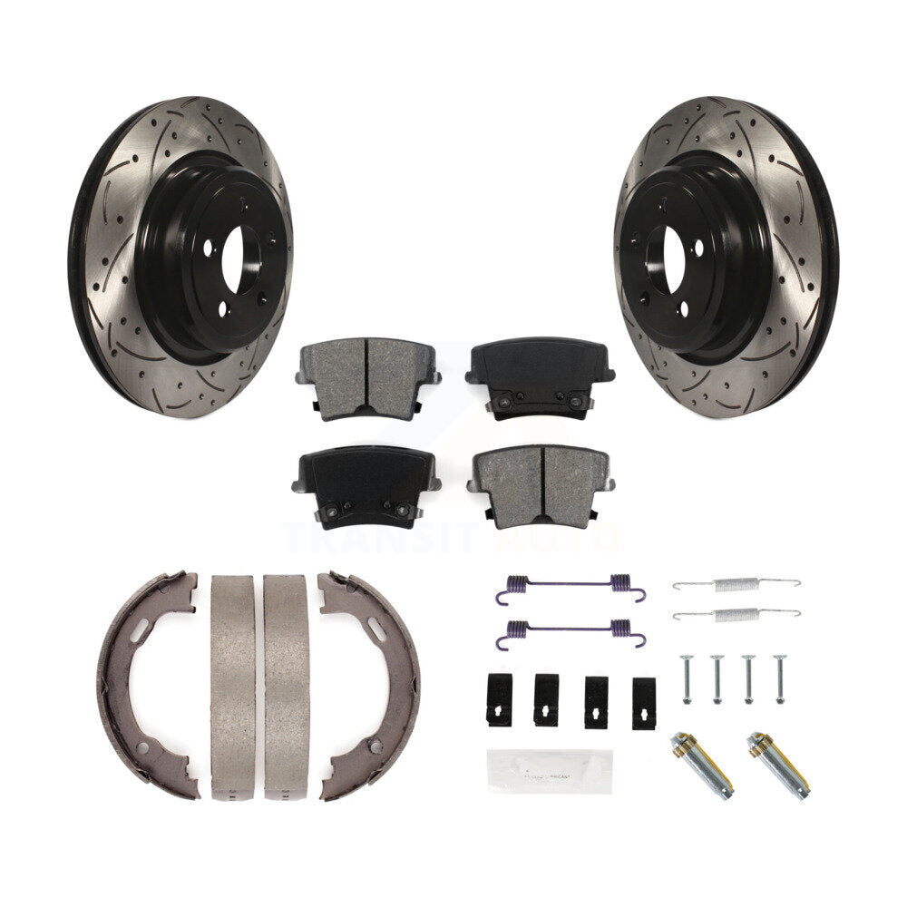 Rear Disc Drilled & Slotted Rotors Semi-Metallic Pads Parking Shoes And Hardware Kit For KDS-101457