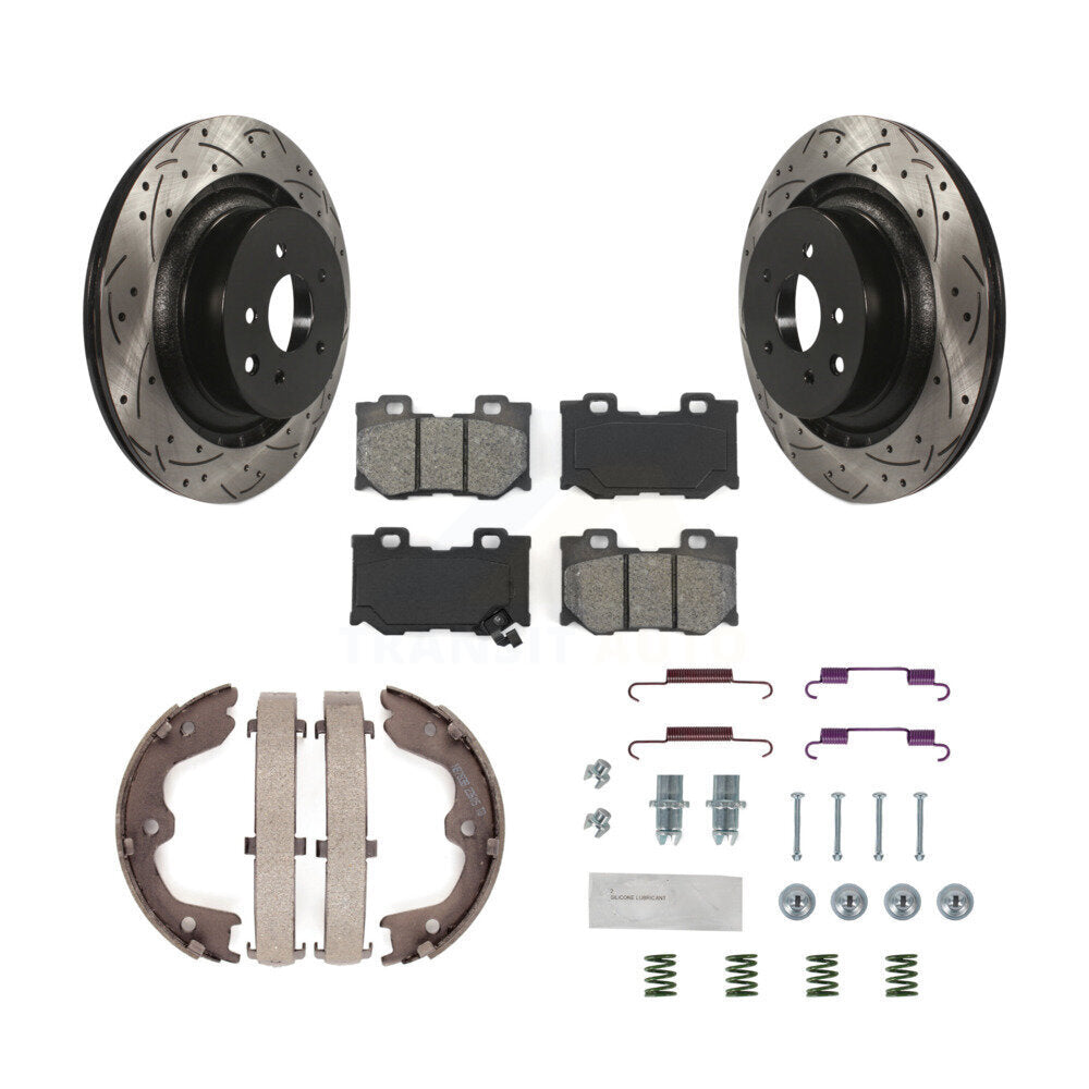 Rear Disc Drilled & Slotted Rotors Semi-Metallic Pads Parking Shoes Hardware Kit For G37 KDS-101460