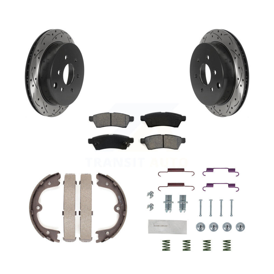 Rear Disc Drilled & Slotted Rotors Semi-Metallic Pads Parking Shoes And Hardware Kit For KDS-101462