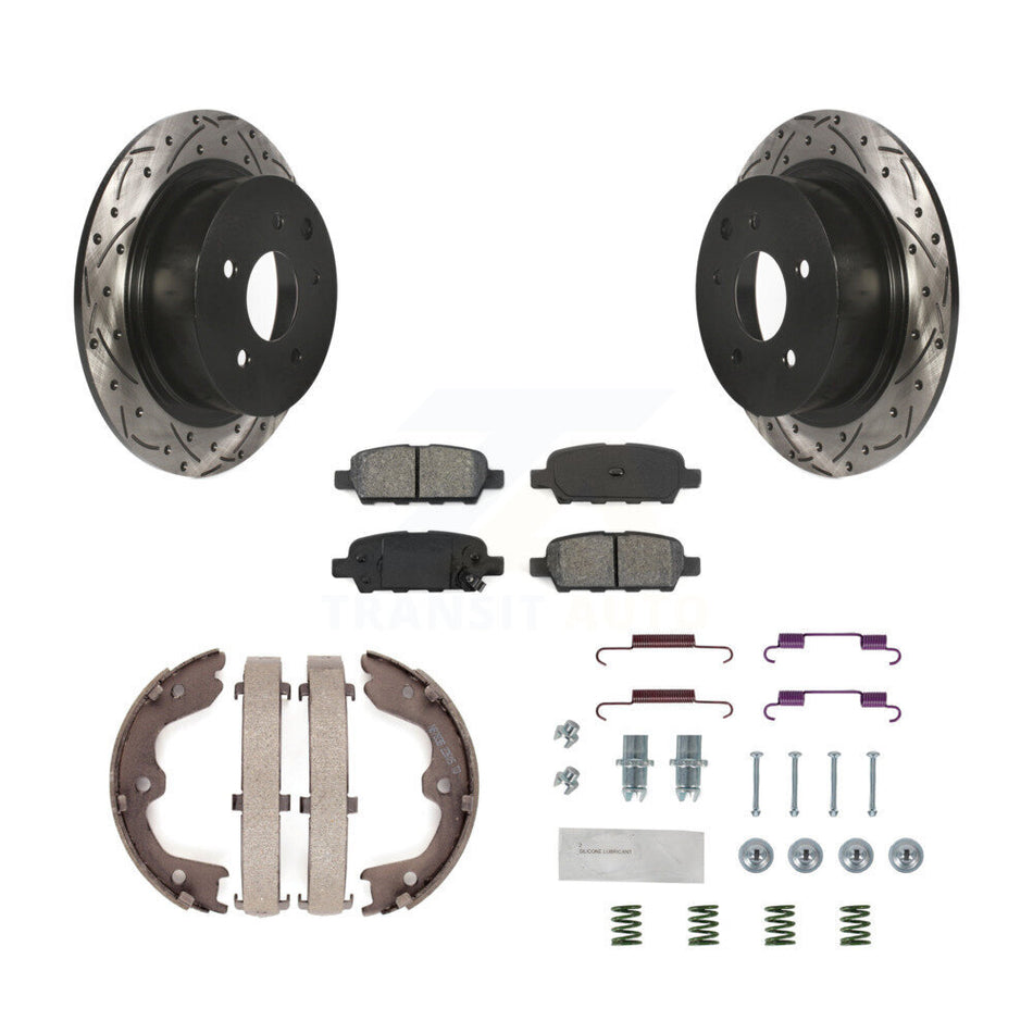 Rear Disc Drilled & Slotted Rotors Semi-Metallic Pads Parking Shoes And Hardware Kit For KDS-101464