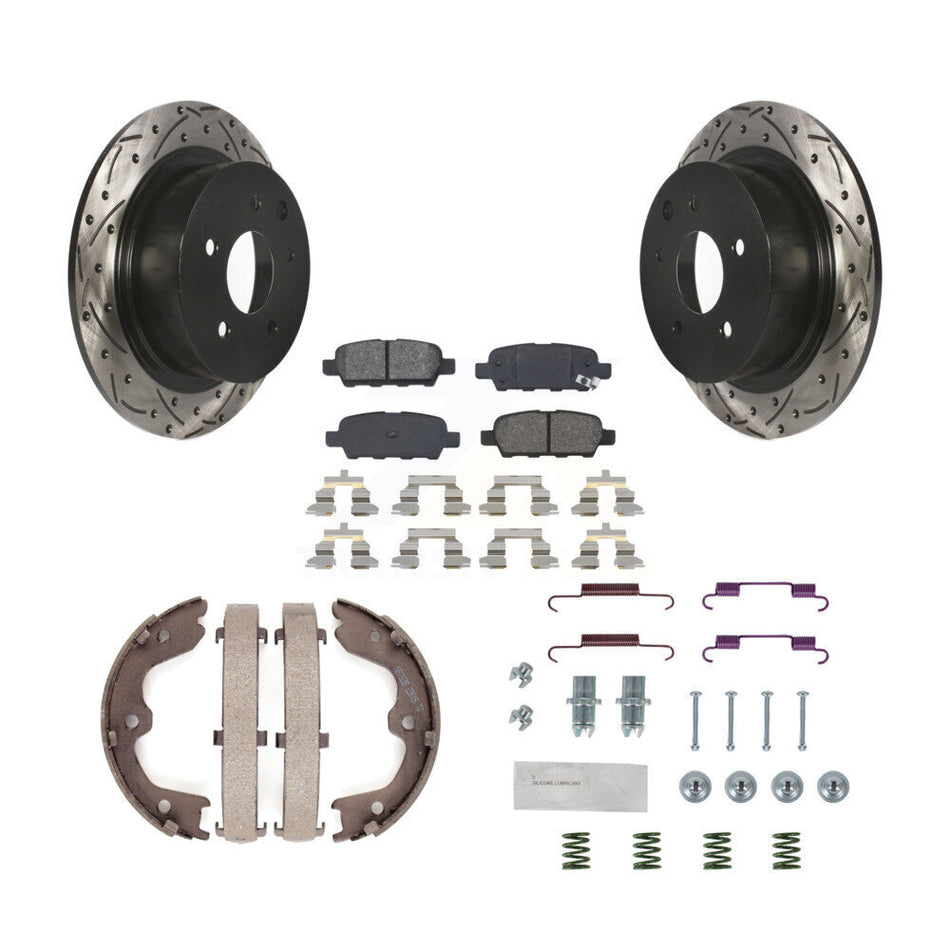 Rear Disc Drilled & Slotted Rotors Semi-Metallic Pads Parking Shoes And Hardware Kit For KDS-101464