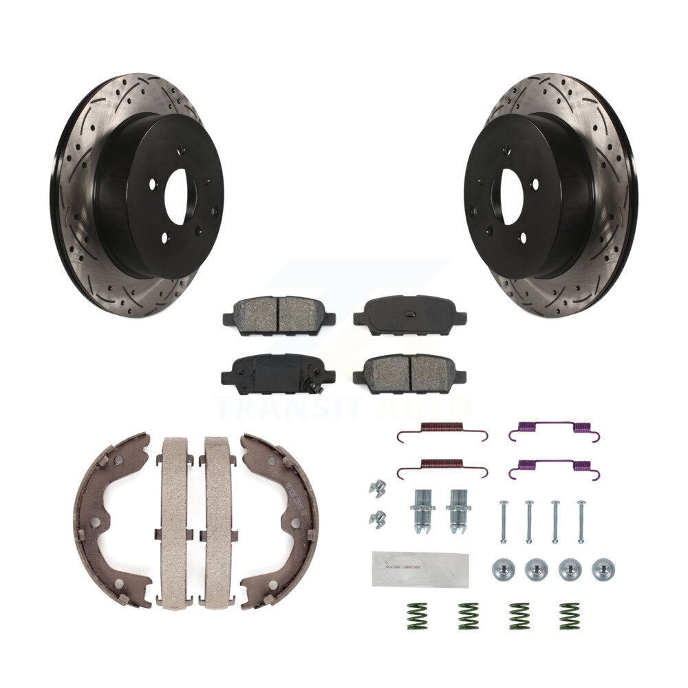 Rear Disc Drilled & Slotted Rotors Semi-Metallic Pads Parking Shoes Hardware Kit For FX35 KDS-101468