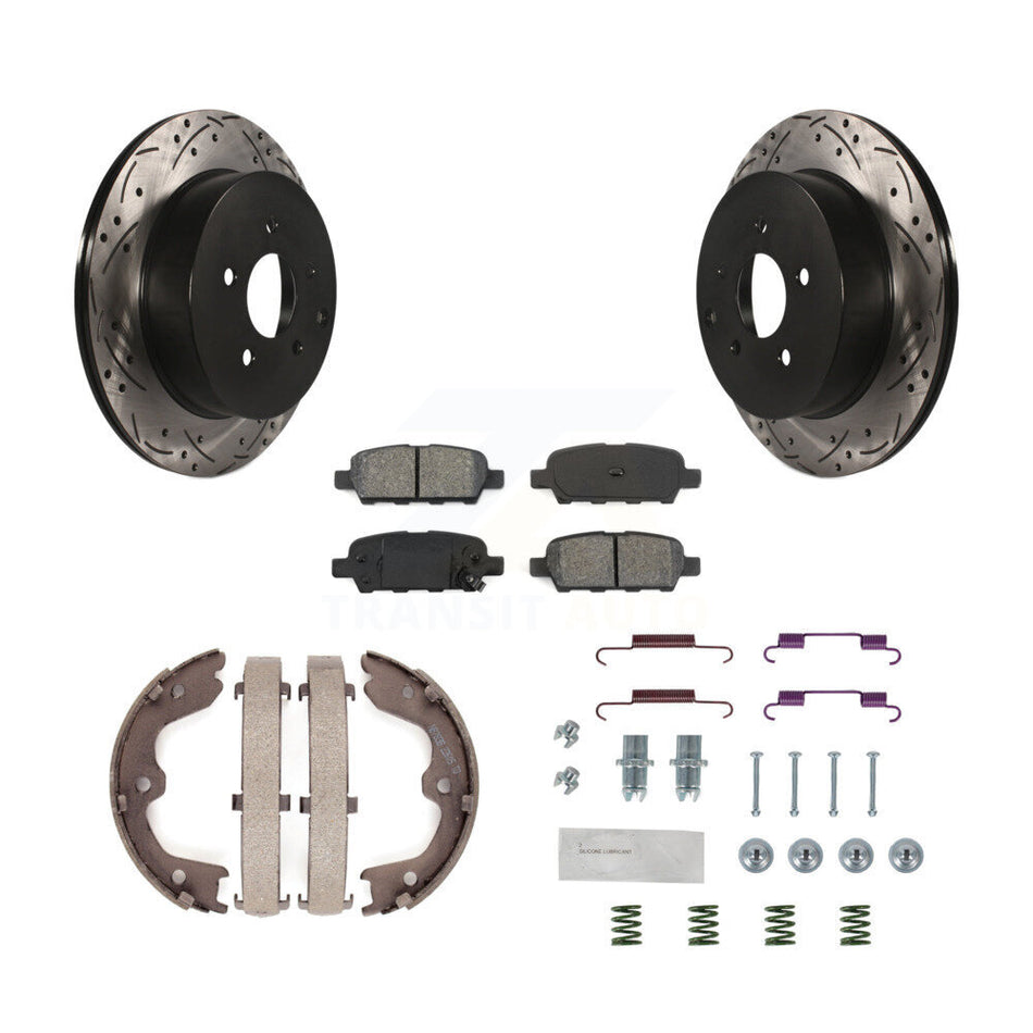 Rear Disc Drilled & Slotted Rotors Semi-Metallic Pads Parking Shoes Hardware Kit For FX35 KDS-101468