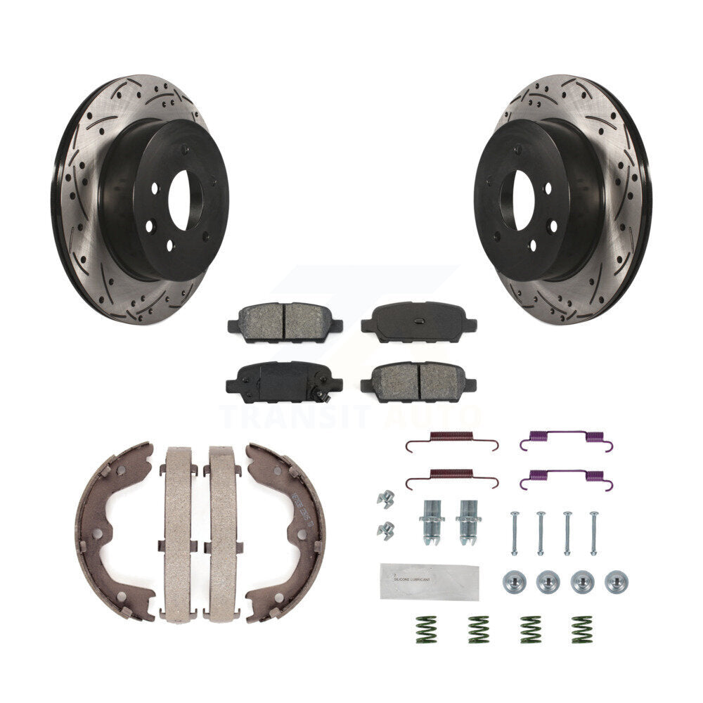 Rear Disc Drilled & Slotted Rotors Semi-Metallic Pads Parking Shoes Hardware Kit For G35 KDS-101469