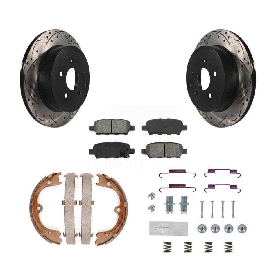 Rear Disc Drilled & Slotted Rotors Semi-Metallic Pads Parking Shoes Hardware Kit For FX35 KDS-101470