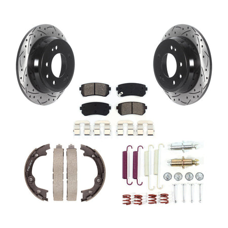Rear Disc Drilled & Slotted Rotors Semi-Metallic Pads Parking Shoes And Hardware Kit For KDS-101472