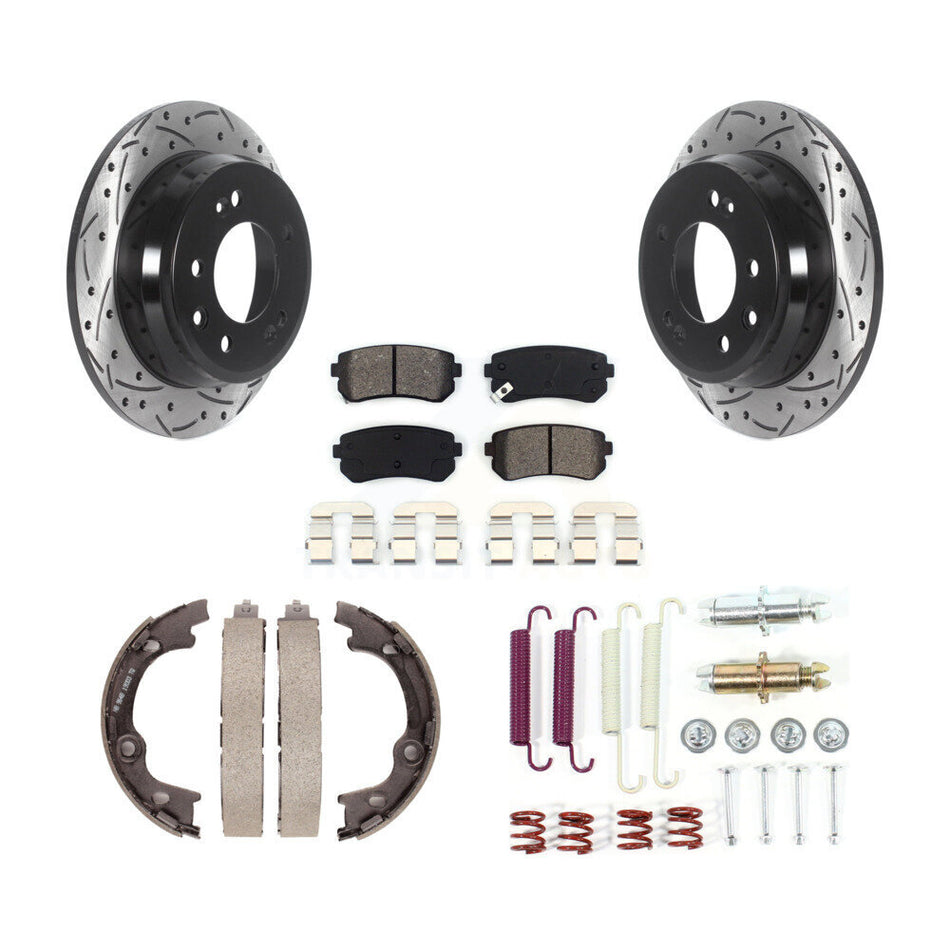 Rear Disc Drilled & Slotted Rotors Semi-Metallic Pads Parking Shoes And Hardware Kit For KDS-101472
