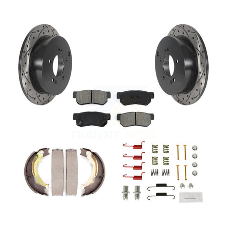Rear Disc Drilled & Slotted Rotors Semi-Metallic Pads Parking Shoes Hardware Kit For Kia KDS-101473