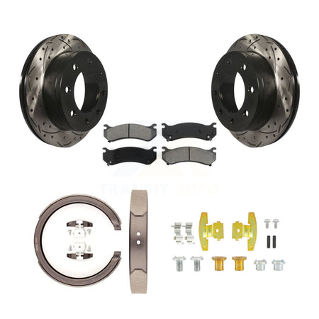 Rear Disc Drilled & Slotted Rotors Semi-Metallic Pads Parking Shoes Hardware Kit For 1500 KDS-101474