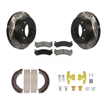 Rear Disc Drilled & Slotted Rotors Semi-Metallic Pads Parking Shoes Hardware Kit For GMC KDS-101475