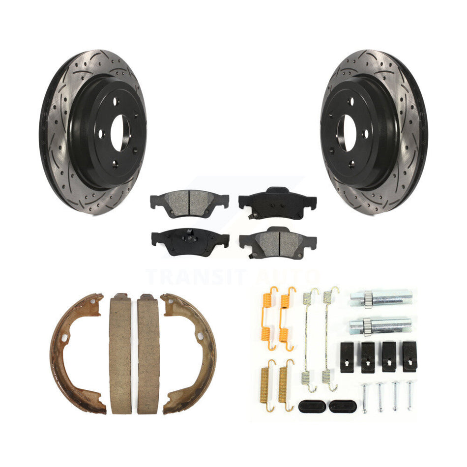 Rear Disc Drilled & Slotted Rotors Semi-Metallic Pads Parking Shoes Hardware Kit For Jeep KDS-101476