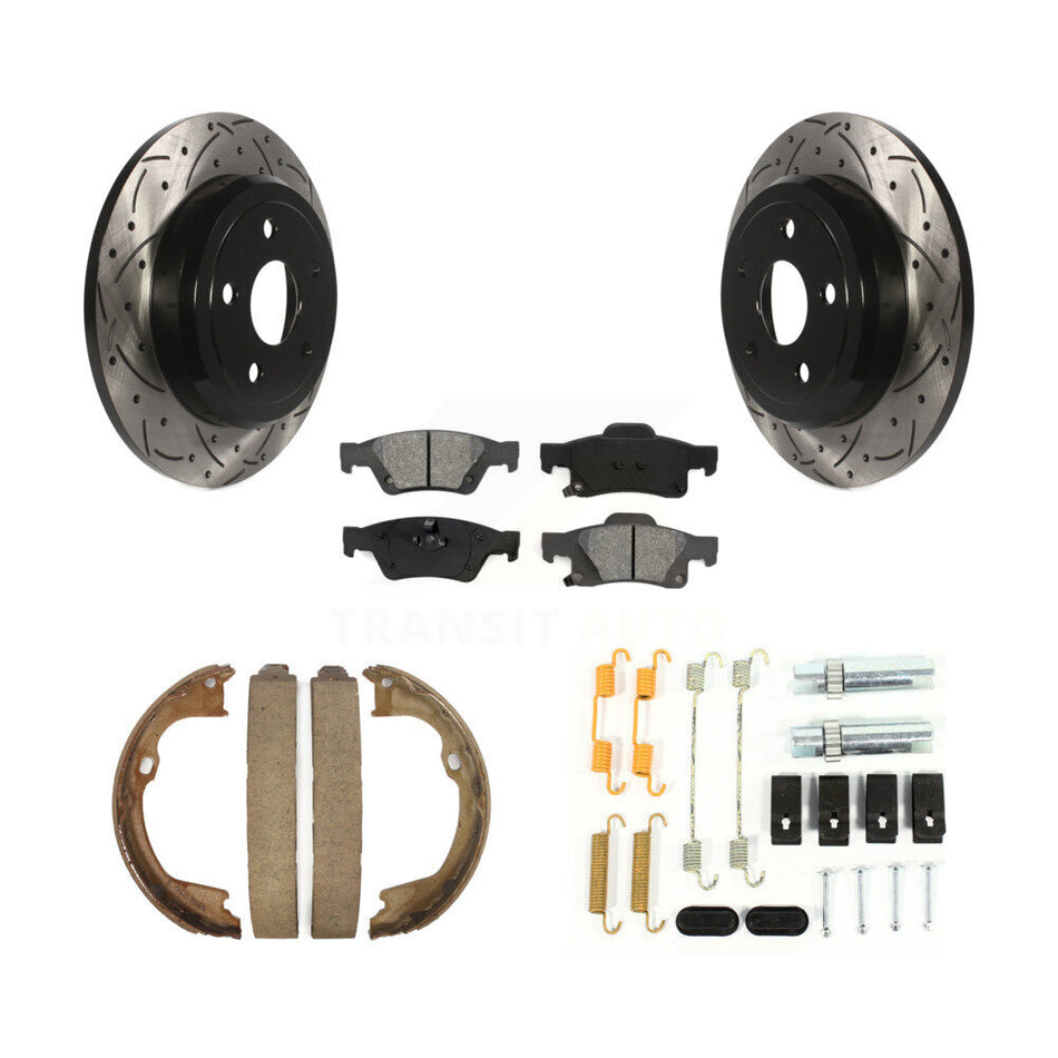 Rear Disc Drilled & Slotted Rotors Semi-Metallic Pads Parking Shoes Hardware Kit For Jeep KDS-101477