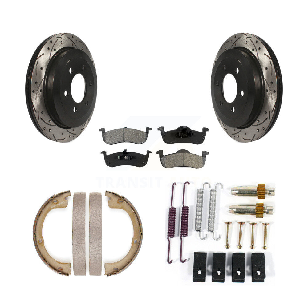 Rear Disc Drilled & Slotted Rotors Semi-Metallic Pads Parking Shoes Hardware Kit For Ford KDS-101483