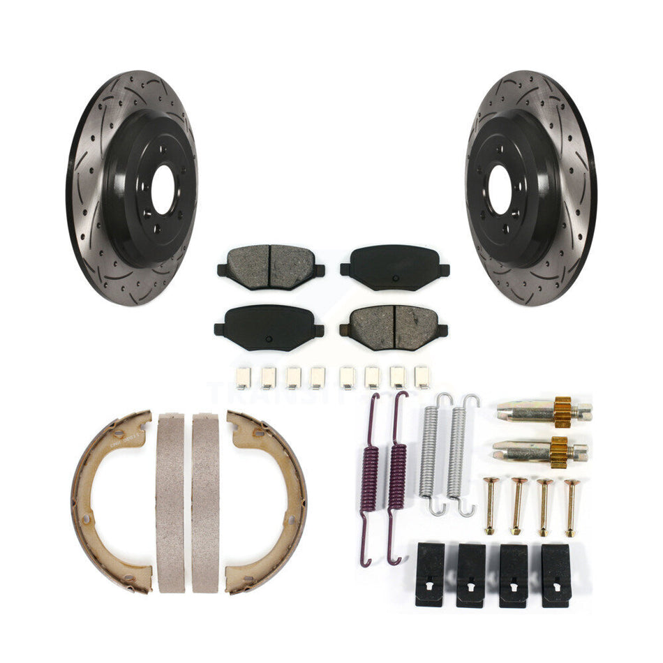 Rear Disc Drilled & Slotted Rotors Semi-Metallic Pads Parking Shoes And Hardware Kit For KDS-101484