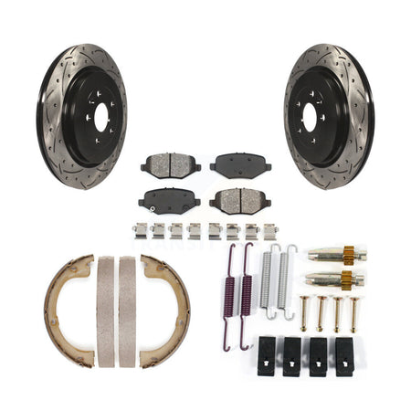 Rear Disc Drilled & Slotted Rotors Semi-Metallic Pads Parking Shoes And Hardware Kit For KDS-101485