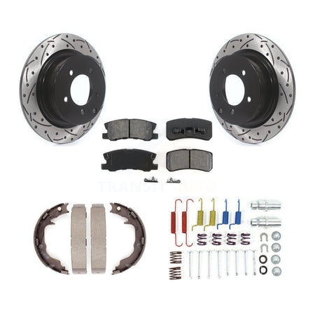 Rear Disc Drilled & Slotted Rotors Semi-Metallic Pads Parking Shoes Hardware Kit For RVR KDS-101487