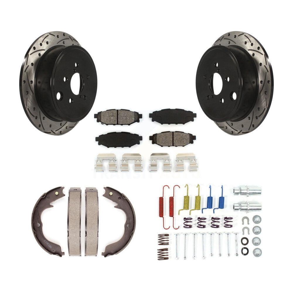 Rear Disc Drilled & Slotted Rotors Semi-Metallic Pads Parking Shoes And Hardware Kit For KDS-101488