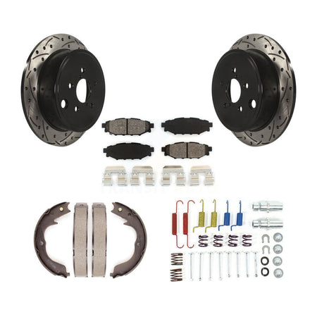 Rear Disc Drilled & Slotted Rotors Semi-Metallic Pads Parking Shoes And Hardware Kit For KDS-101488