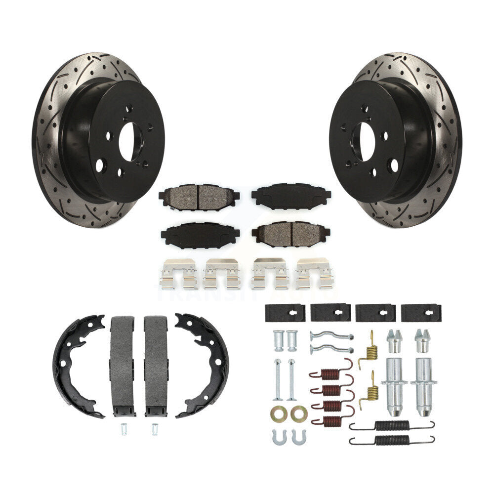 Rear Disc Drilled & Slotted Rotors Semi-Metallic Pads Parking Shoes Hardware Kit For XV KDS-101489