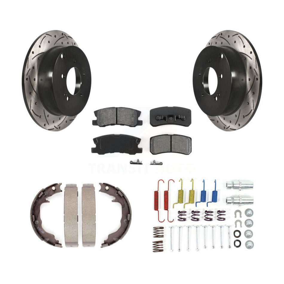 Rear Disc Drilled & Slotted Rotors Semi-Metallic Pads Parking Shoes And Hardware Kit For KDS-101493
