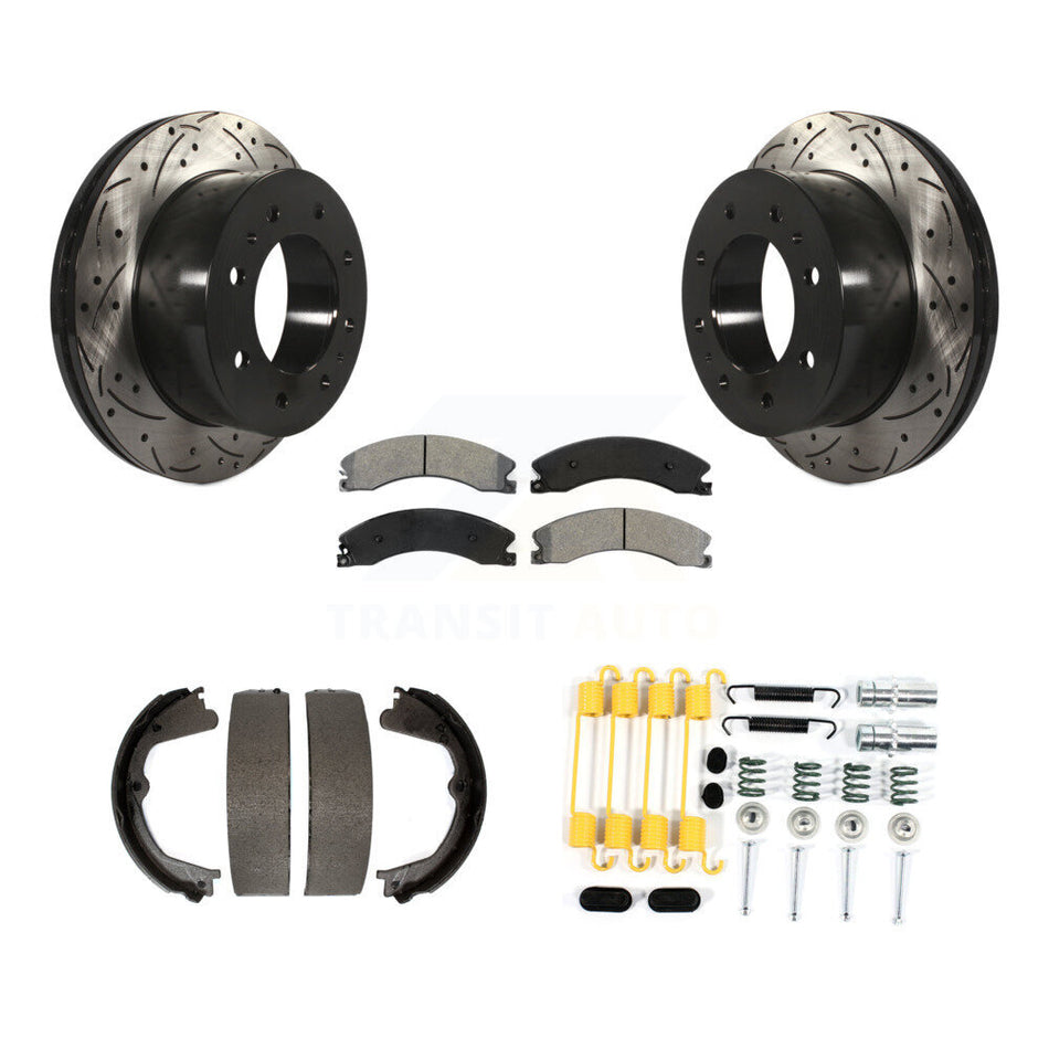 Rear Disc Drilled & Slotted Rotors Semi-Metallic Pads Parking Shoes Hardware Kit For 2500 KDS-101497