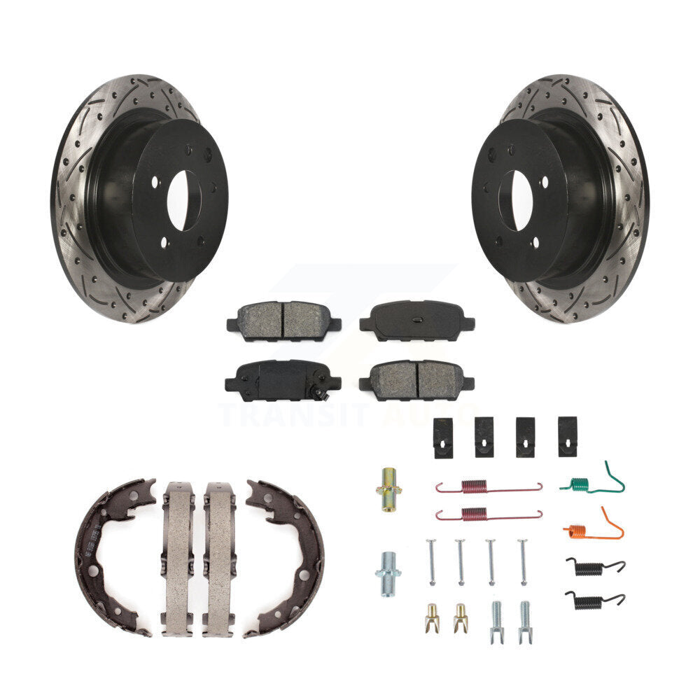 Rear Disc Drilled & Slotted Rotors Semi-Metallic Pads Parking Shoes Hardware Kit For Juke KDS-101499