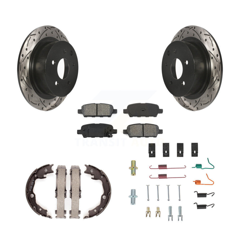 Rear Disc Drilled & Slotted Rotors Semi-Metallic Pads Parking Shoes Hardware Kit For Juke KDS-101499