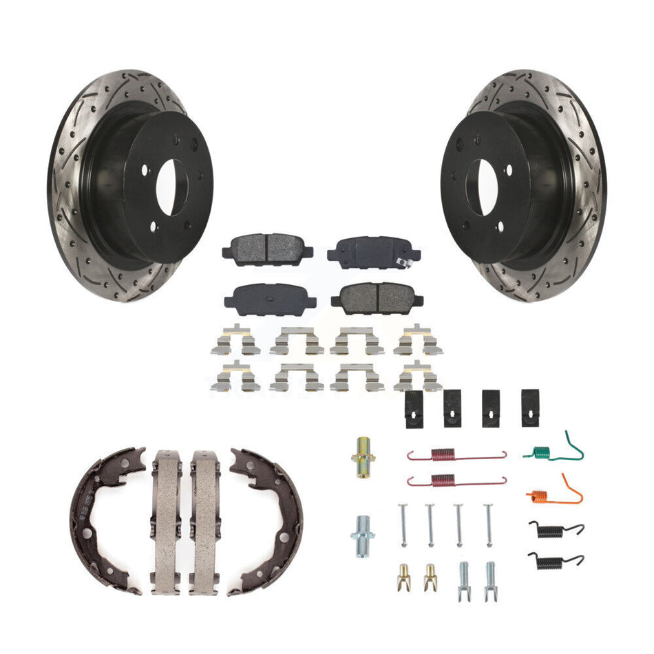 Rear Disc Drilled & Slotted Rotors Semi-Metallic Pads Parking Shoes Hardware Kit For Juke KDS-101499