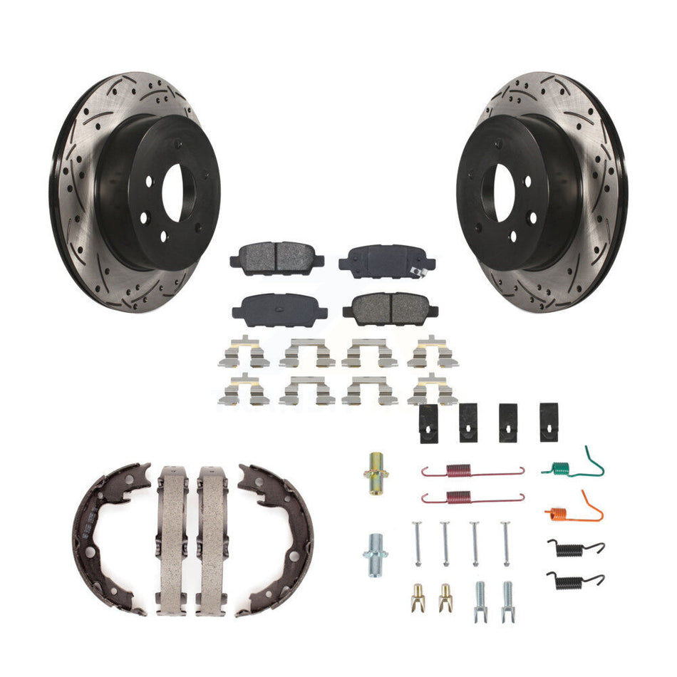 Rear Disc Drilled & Slotted Rotors Semi-Metallic Pads Parking Shoes Hardware Kit For LEAF KDS-101500