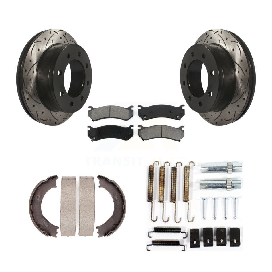 Rear Disc Drilled & Slotted Rotors Semi-Metallic Pads Parking Shoes Hardware Kit For GMC KDS-101506