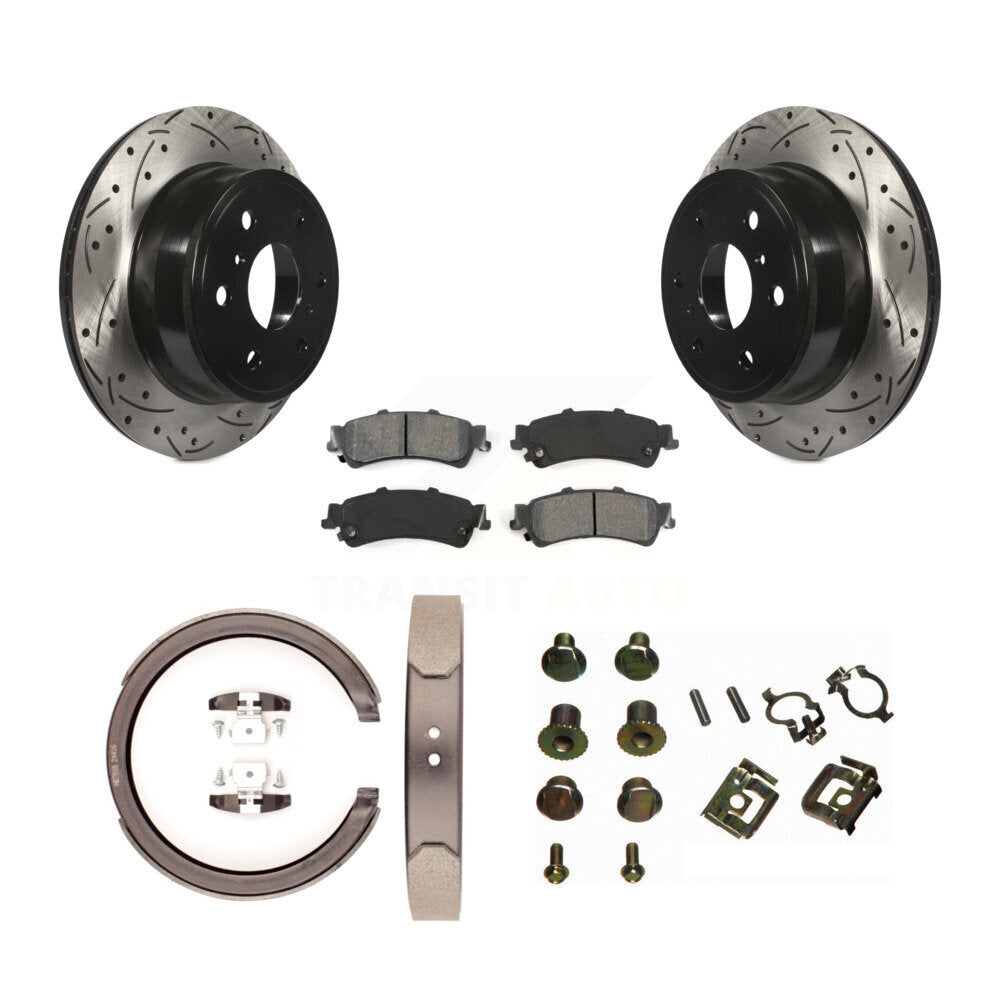 Rear Disc Drilled & Slotted Rotors Semi-Metallic Pads Parking Shoes And Hardware Kit For KDS-101508