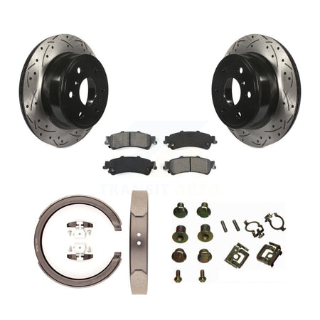 Rear Disc Drilled & Slotted Rotors Semi-Metallic Pads Parking Shoes And Hardware Kit For KDS-101508