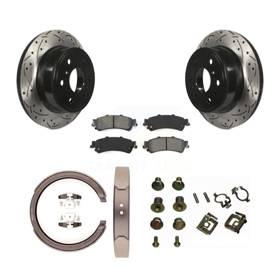 Rear Disc Drilled & Slotted Rotors Semi-Metallic Pads Parking Shoes And Hardware Kit For KDS-101508