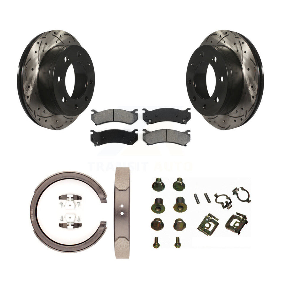 Rear Disc Drilled & Slotted Rotors Semi-Metallic Pads Parking Shoes Hardware Kit For GMC KDS-101510