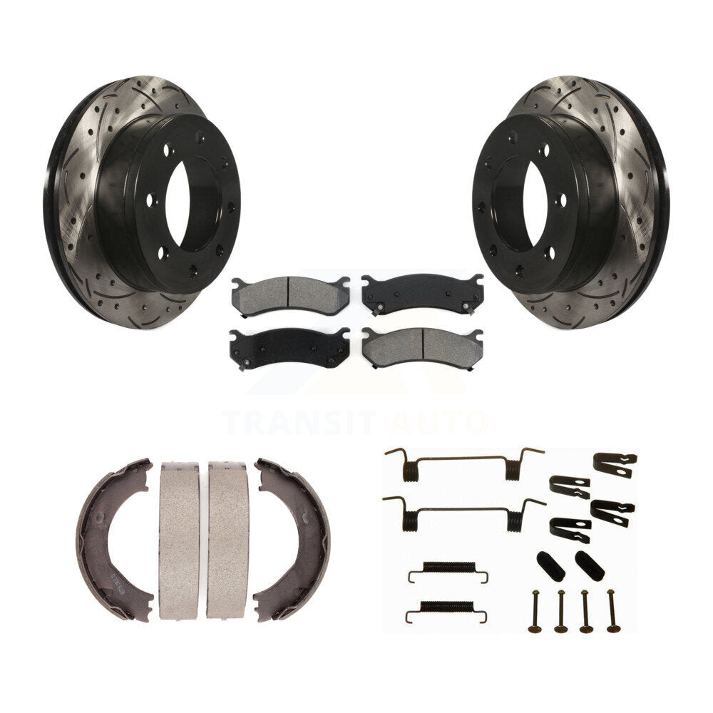Rear Disc Drilled & Slotted Rotors Semi-Metallic Pads Parking Shoes Hardware Kit For 2500 KDS-101511