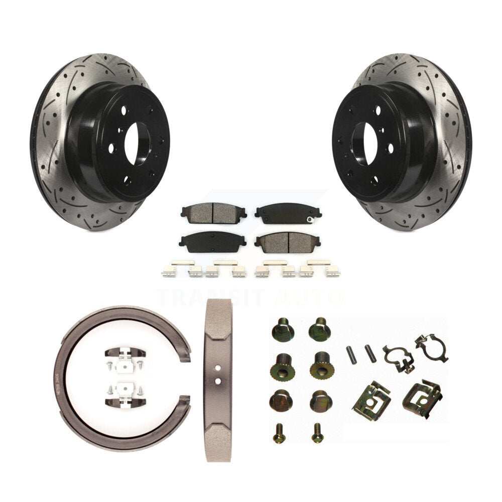 Rear Disc Drilled & Slotted Rotors Semi-Metallic Pads Parking Shoes Hardware Kit For 1500 KDS-101512